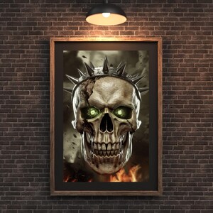Skull Warrior Digital Art – Dark Gothic Skull with Spiked Crown & Glowing Eyes – Printable Wall Art