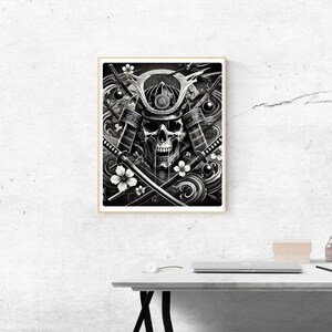 Samurai Skull Digital Art Print – Dark Japanese Warrior Aesthetic with Katana & Ink Waves