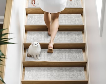 Peldaños antideslizantes para escaleras de madera – Almohadillas de alfombra lavables – Cubiertas antideslizantes para escaleras seguras para mascotas – Juego de alfombras neutras para escaleras de interior