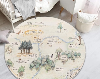 Kids Room Round Rug: Vintage Map, Washable Cotton Play Mat