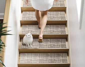 Peldaños geométricos modernos antideslizantes para escaleras de madera, lavables, aptos para mascotas, para interiores, juego de alfombras antideslizantes.