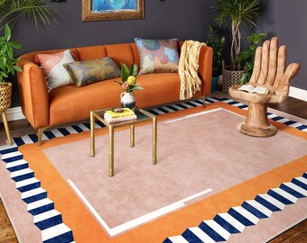 Alfombra geométrica moderna, minimalista y abstracta, contemporánea, con borde naranja y azul, para sala de estar, decoración moderna.