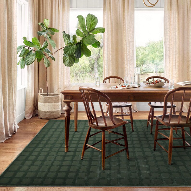 Op de afbeelding: Een eetkamer met een donkergroen patroonkleed, een houten eettafel en bijpassende stoelen. Een grote potplant met groene bladeren staat in de hoek. Beige gordijnen omlijsten de ramen.