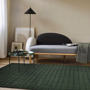 Op de afbeelding: Een moderne woonkamer met een donkergroen patroonkleed, een grijze bank met een zwarte rugleuning en een kleine groene bijzettafel. Een zwarte vloerlamp en ingelijste kunstwerken maken de inrichting compleet. De kamer heeft een neutraal kleurenpalet.