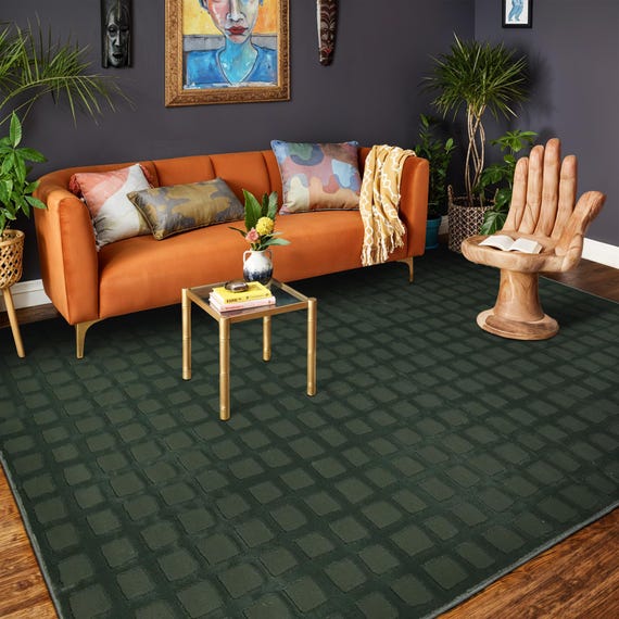 Geometric Green Wool Area Rug: Machine-Woven, Pet & Kid Friendly