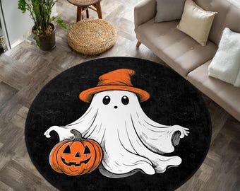 ハロウィンゴーストラグ - 不気味な円形フロアマット - 魔女とカボチャのハロウィンエリアラグ - 屋外/屋内秋の装飾 - ハロウィンギフト