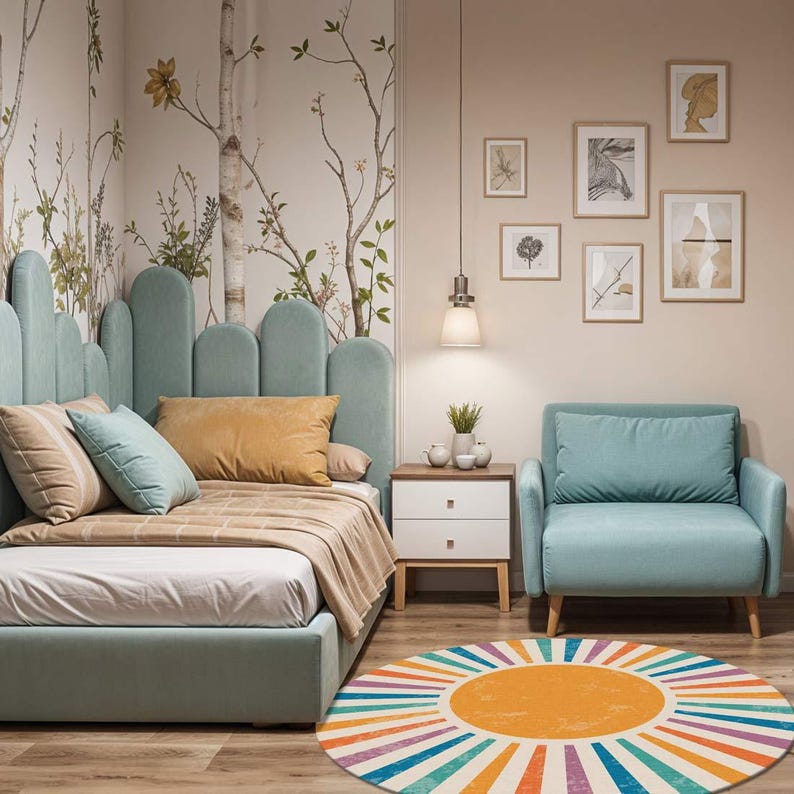 Op de afbeelding: Een tealblauw bed met een hoofdbord met een gegolfd ontwerp. Het bed heeft een wit en beige gestreept dekbed en een geel kussen. Een tealblauwe fauteuil staat naast het bed. Een rond, veelkleurig tapijt met een geel zonontwerp ligt op de vloer.