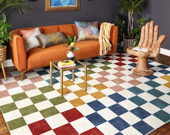 Alfombra geométrica a cuadros: estilo bohemio moderno, lavable a máquina.