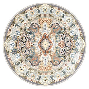 Puede incluir: Alfombra redonda con un dise&ntilde;o ornamental y tradicional. La alfombra presenta un medall&oacute;n central en tonos beige, &oacute;xido y azul, rodeado de intrincados patrones florales y de cachemira. El borde es azul oscuro con un dise&ntilde;o geom&eacute;trico repetitivo.