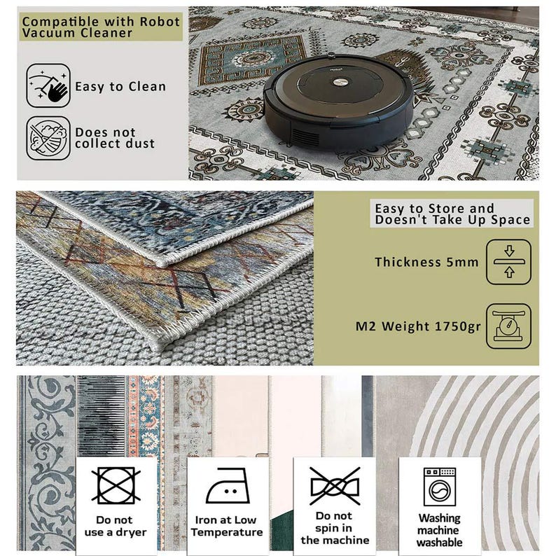 Puede incluir: Una alfombra gris estampada con un robot aspirador. La alfombra es f&aacute;cil de limpiar, no acumula polvo y es compatible con robots aspiradores. La alfombra tiene 5 mm de grosor y pesa 1750 g. Lavable a m&aacute;quina y se puede planchar a baja temperatura.