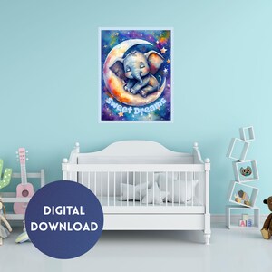 Süße Träume Kinderwandkunst, Kinderzimmer Wandkunst, Baby Elefant schläft auf dem Mond, Aquarell Kinderwandkunst