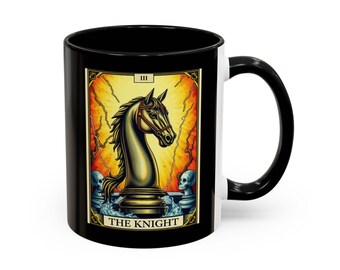 Tarot Knight Chess Coffee Mug, Tarot Card Mug, Ceramic Tea Cup, Gift for Tarot Enthusiast, Chess Lover, Black and White Kitchen Decor