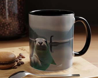 Funny Seal and Loch Ness Monster Selfie Mug (11, 15oz), Novelty Tea Cup, Gift for Animal Lovers, Ceramic Drinkware, Cute