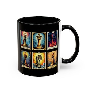 Caneca de xadrez, cartas de tarô com peças de xadrez, xícara de chá mística, caneca de cerâmica, xícara de cartomante, presente para amantes de café, utensílios para bebidas de bruxa, presente de xadrez