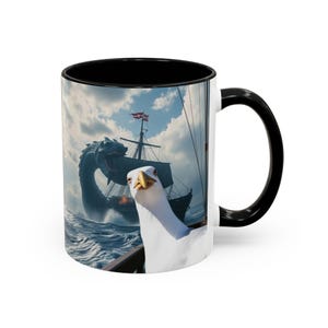 Ocean Selfie Coffee Mug, Sea Gull and Monster Tea Cup, Nautical Beach Decor, Coastal Kitchen Gift, Maritime Mug, Seaside Drinkware