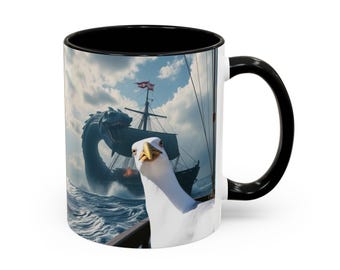 Ocean Selfie Coffee Mug, Sea Gull and Monster Tea Cup, Nautical Beach Decor, Coastal Kitchen Gift, Maritime Mug, Seaside Drinkware