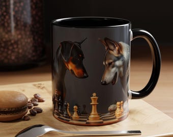Dog Chess Coffee Mug, Doberman and Saarloos Wolfdog Chess Game Cup, Gift for Dog Lovers, Animal Lover Mug, Unique Pet Owner Gift, Chess