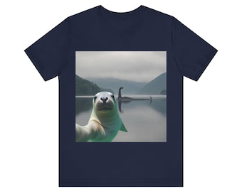 Funny Seal Selfie T-Shirt with Loch Ness Monster Cryptid Graphic Tee Cute Animal Shirt Scotland Gift Mythical Creature T-Shirt