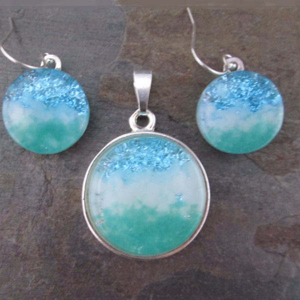 Dichroic Fused Glass Pendant and Earring Set THE BEACH Teal Water, White Sand, Blue Sky