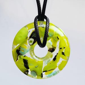 LIME Circle Donut...Fused Glass Pendant with Black Necklace, V2