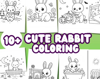 May include: A set of 10+ black and white coloring pages featuring cute rabbits in various activities, such as reading, taking a bath, riding a bike, and sleeping. The text "10+ CUTE RABBIT COLORING" is at the top of the image.