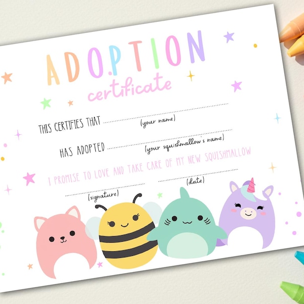 Squishmallow Adoption Certificate Printable, Digital download squish pillow pet adoption certificate paper