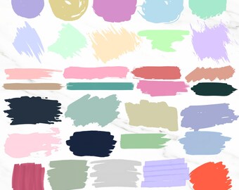 Pode incluir: Uma coleção de gráficos de pinceladas coloridas em várias formas e tamanhos. A paleta inclui tons de roxo, amarelo, rosa, azul, verde e laranja. A imagem também inclui o texto "PNG, SVG, PDF, DFX, JPEG".