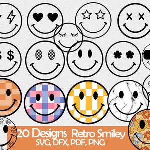 レトロなスマイリー SVG、60 年代と 70 年代のクールなレトロなスマイリー PNG、SVG、チェック柄のスマイリー png、デイジー スマイリー png、ハッピー フェイス png、レトロな花の png クールな