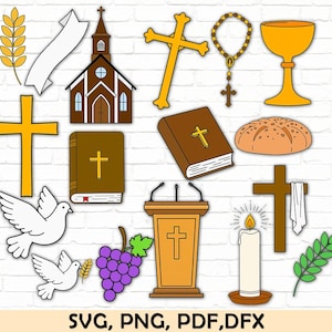 Może przedstawiać: Zbiór ilustracji o tematyce religijnej, w tym kościół, krzyże, Biblia, kielich, różaniec, chleb, gołębie, winogrona, mównica, świeca i pszenica. Obrazy są w stylu kreskówkowym z białym ceglanym tłem.