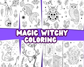 May include: A set of eight black and white coloring pages featuring magical and witchy themes. The images include a cat, a skull, a ladybug, an owl, a fish, crystals, a book, a cauldron, and a deer skull. The text "Magic Witchy Coloring" is written in a bold, white font.