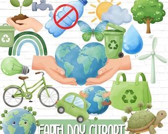 Earth Day Watercolor Clipart Bundle: Recycling, Mother Earth (PNG Files)