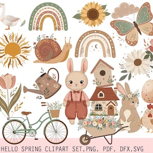 Hello Spring Clipart, Spring Time Boho Clipart Set, Welcome Spring SVG files, Spring svg clipart set, floral, butterfly, Garden, Spring png,