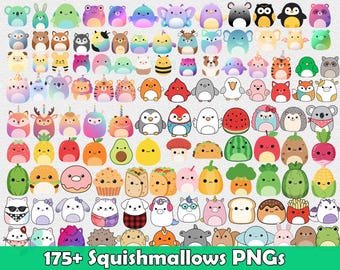 May include: A selection of 175+ Squishmallows PNGs showcasing a variety of adorable, brightly coloured characters. The designs include animals, fruits, food items, and other whimsical creatures. The image has a green banner at the bottom with the text "175+ Squishmallows PNGs".