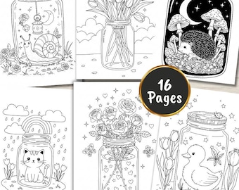 Cute Spring Jars Coloring Pages, Spring Coloring Pages for Kids, Spring Coloring Printables, Digital Download