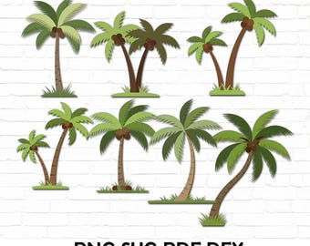 May include: Set of seven green palm tree silhouettes with brown trunks and coconuts. The trees are arranged in a staggered pattern against a white brick background.