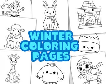 May include: Black and white colouring pages featuring winter-themed illustrations, including a snowman, a reindeer, a penguin, a fireplace, a sweater, and a hat. The text "WINTER COLOURING PAGES" is written in blue letters with white hearts.