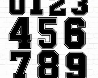 May include: Black and white numbers 0 through 9 in a bold, blocky font style. The numbers have a white outline and are set against a white background.