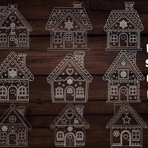 May include: Nine white line art gingerbread house designs with various decorative elements like hearts, stars, and snowflakes. Each house has a chimney and windows. The image also includes the text "PNG SVG DFX PDF".