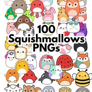 May include: A collection of 100 colourful cartoon images of squishmallows, a popular plush toy. The images feature a variety of animals, food, and other cute characters.  The images are perfect for use in crafts, scrapbooking, or digital projects.