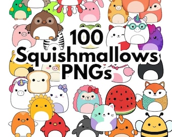 May include: A collection of 100 colourful cartoon images of squishmallows, a popular plush toy. The images feature a variety of animals, food, and other cute characters.  The images are perfect for use in crafts, scrapbooking, or digital projects.