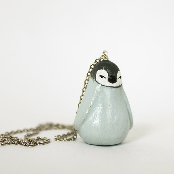 RESERVED FOR SILVIA Penguin necklace -  animal sculpture jewellery - Paper clay  figurine charm