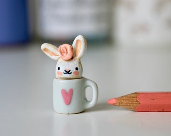 FREE SHIPPING  3cm miniature bunny in a mug-  hand sculpted clay totem OOAK