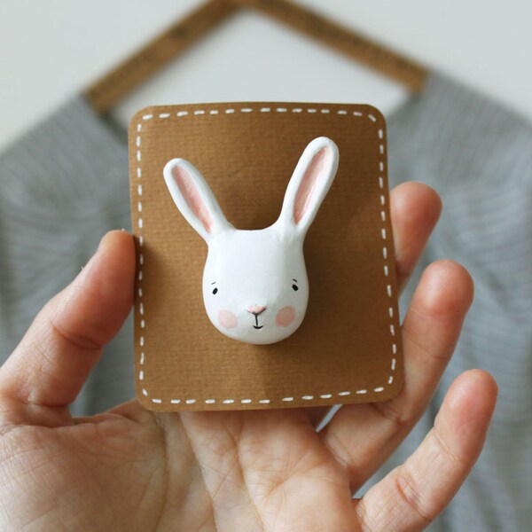 Animal brooch - Paper clay bunny - wearable art