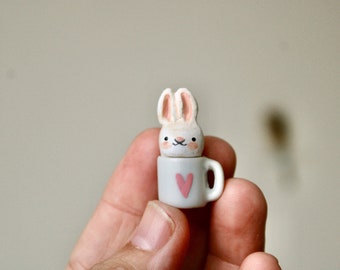 FREE SHIPPING 3cm miniature bunny in a mug-  hand sculpted clay totem OOAK