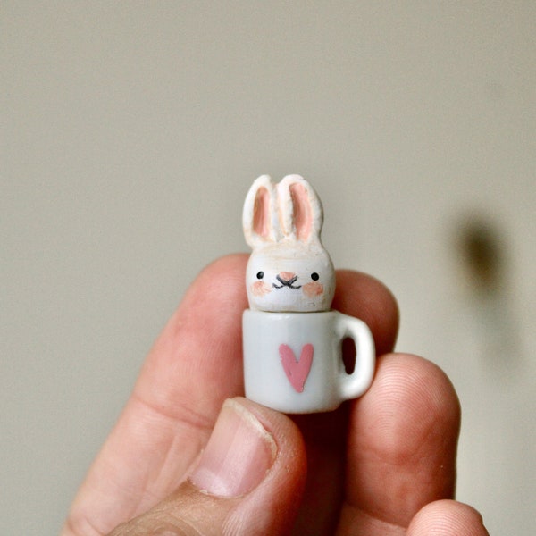 FREE SHIPPING 3cm miniature bunny in a mug-  hand sculpted clay totem OOAK