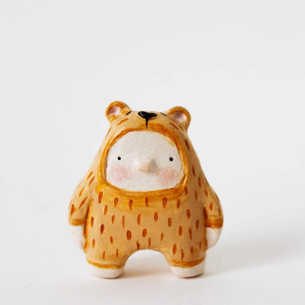 Brown bear boy - Paper clay miniature - Woodland art toy