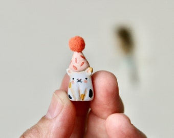 FREE SHIPPING 1inch miniature kitten with party hat -  hand sculpted clay totem OOAK