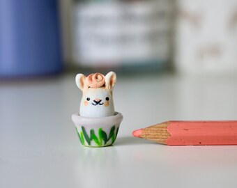 ONE INCH miniature bunny in a planter-  hand sculpted clay totem OOAK