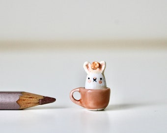 FREE SHIPPING 2cm miniature bunny in a teacup-  hand sculpted clay totem OOAK
