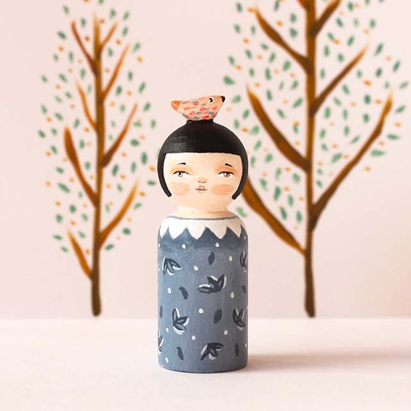 Lady with a bird - Altered wooden peg doll - Hand painted miniature